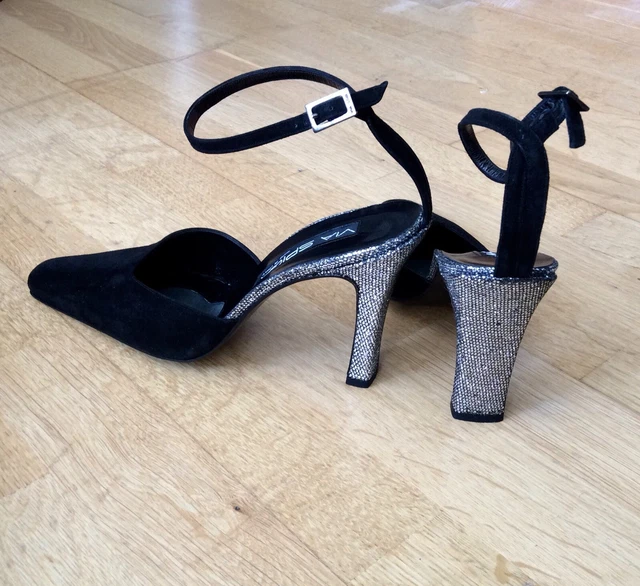 Chaussures à sangle cheville VIA SPIGA en daim noir + paillettes HH « Nina » taille 39/6 vintage neuves avec étiquettes 2