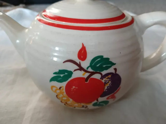 Vtg 1930-40’s Cronin Pottery Fruit Pear Apple Grapes Red Trim Teapot With Lid