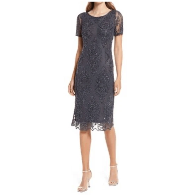 Pisarro Nights Dress Womens Size 10 Beaded Short Sleeve Midi Gown