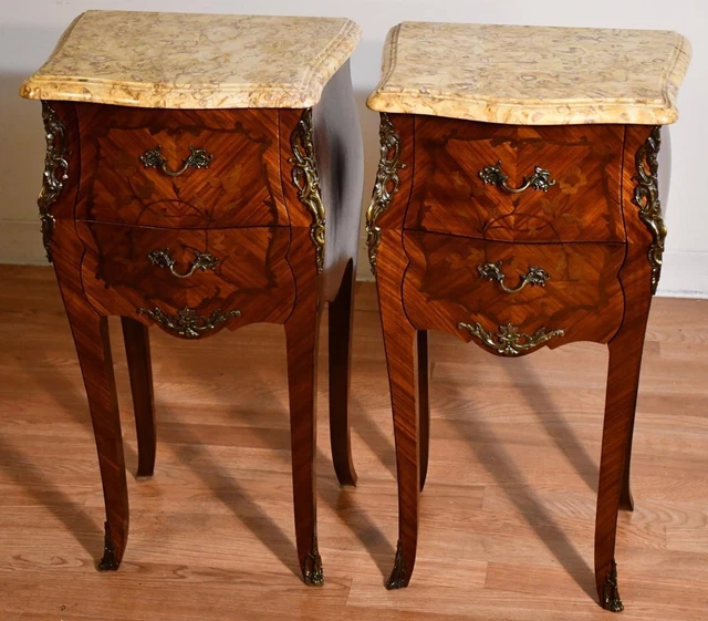 1920 Antique French Louis XV Walnut inlaid Marble top nightstands bedside tables