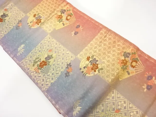 6462681: Japanese Kimono / Vintage Nagoya Obi / Woven Flowers & Folding Fan Patt