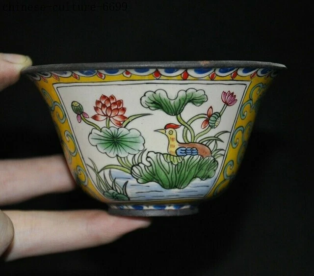 3.8" Chinese palace bronze Cloisonne lotus Goose Duck statue Tea cup Bowl