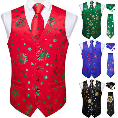 Christmas Red Snowflake Mens Waistcoat Silk Vest Suit Tie Set Xmas Party Set 3XL