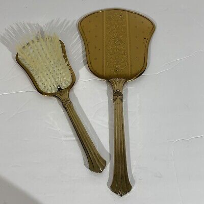 Vintage Collectible Hand Held Brass Mirror and Brush 2 PC. Set Victorian Design