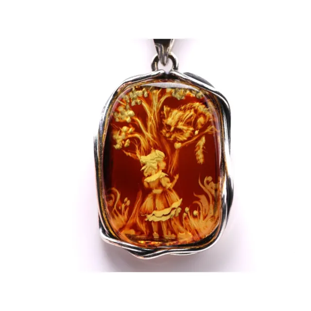 Sterling Silver Alice & Wonderland Pendant - Cheshire Cat Hand Carved Necklace