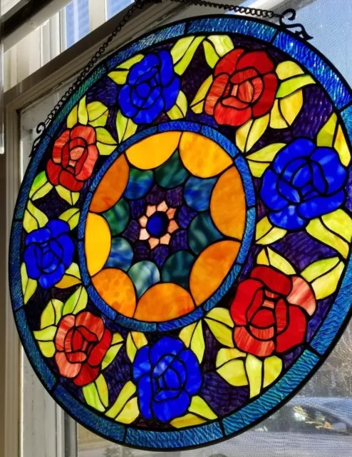 22x22 Victorian Round Ros Tiffany style stained glass window panel