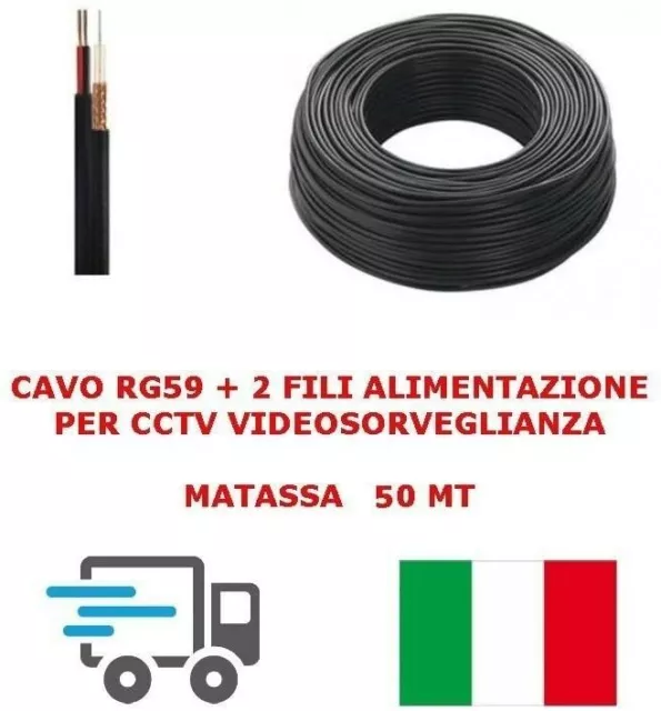 Cavo Professionale Video CCTV Coassiale 50 Metri RG59 + 2 cavi Alimentazione DVR