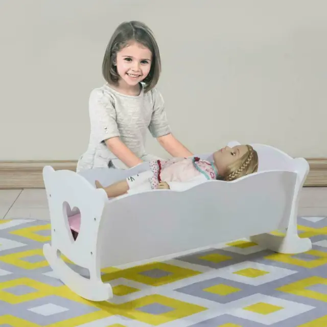 White Dolls Cradle Cot Wooden Crib with Mattress and Pillow for 18"-20" Doll Toy