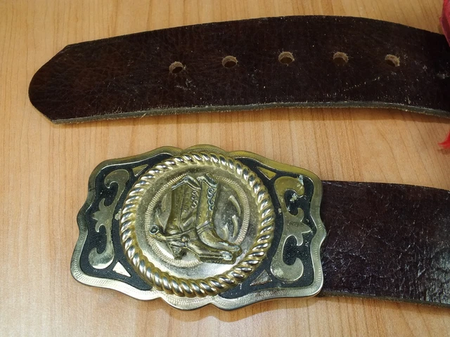 Vintage Cowboy Boots 1970s Belt Buckle / Brown Leather Belt, Country & Western