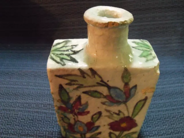 Antique Turkish Primitive Porcelain Hand Painted Floral Bottle 3