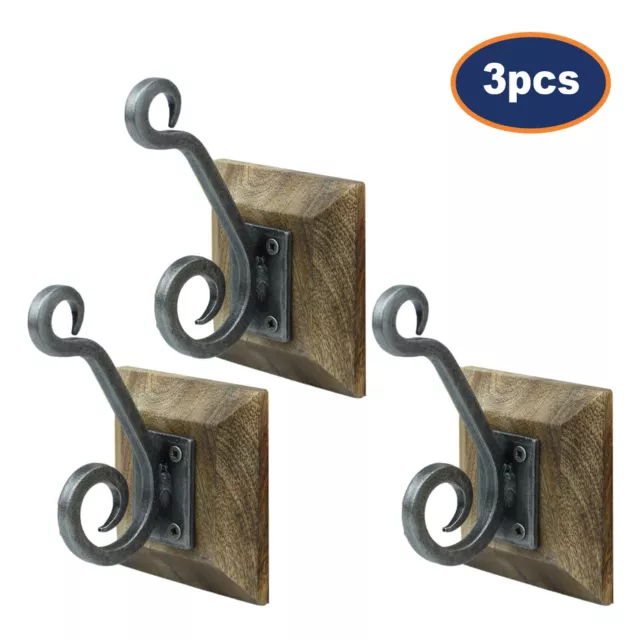 3pc Vintage Double Metal Wall Hanging Coat Hat Scarf Hook Hanger On Wooden Base