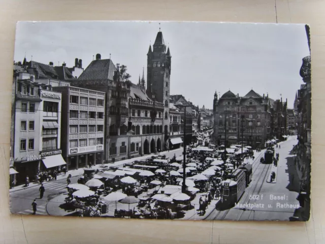 Schweiz Original Ansichtskarte Basel Marktplatz und Rathaus      um  1930