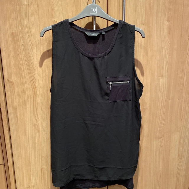SR) New Look Black Vest Top Size 14 Sheer Front Jersey Back