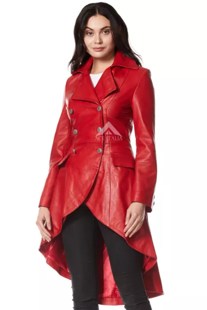 EDWARDIAN Ladies Real Leather Jacket Red Washed Laced Back Gothic Coat 3492