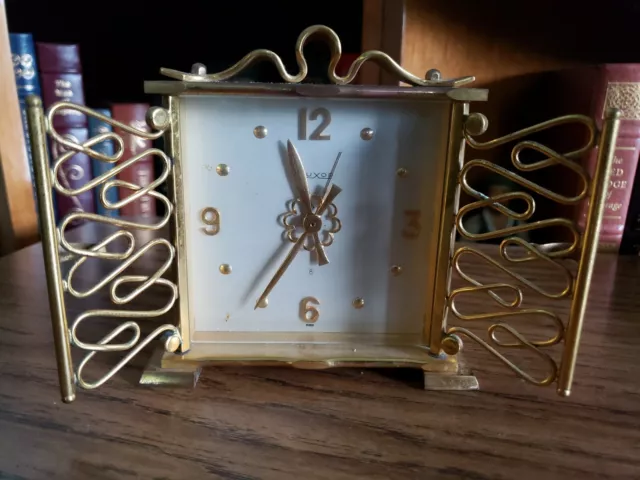 🔴 Vintage LUXOR Swiss Mantle Gold Alarm Clock Wind Up Luxor Brass