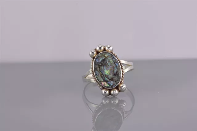 Taxco Sterling Silver Oval Abalone Beaded Rope Trim Band Ring Mex 925 Sz: 8