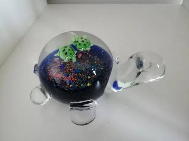 Art Glass Large Turtle With Babies On Back- Cobalt Blue - Heavy Paperweight