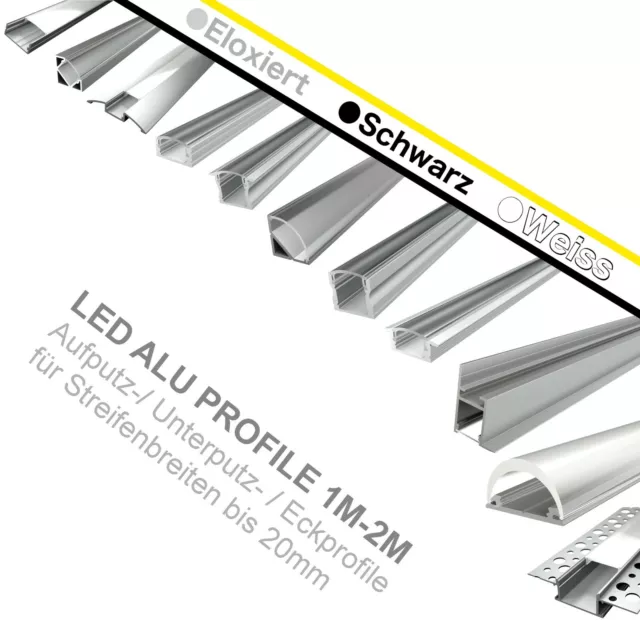 LED Profil Aluprofil Alu Schiene Leiste Profile für LED-Streifen Eloxiert 1m 2m