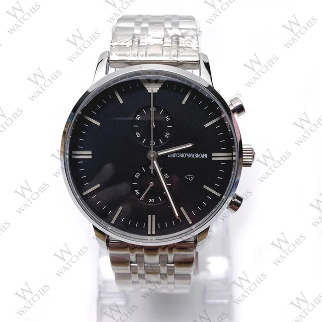 New Emporio Armani AR0389 Chronograph Silver Band Black Dial Quartz Men's Watch