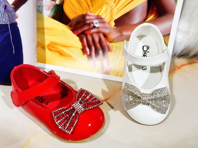 New Kids Infants Girls Bow Diamante Spanish Wedding Party Patent Toddler Shoes