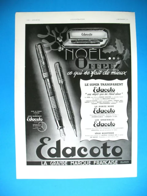Publicite De Presse Edacoto Stylo Plume Porte Mine Cadeau De Noël French Ad 1937