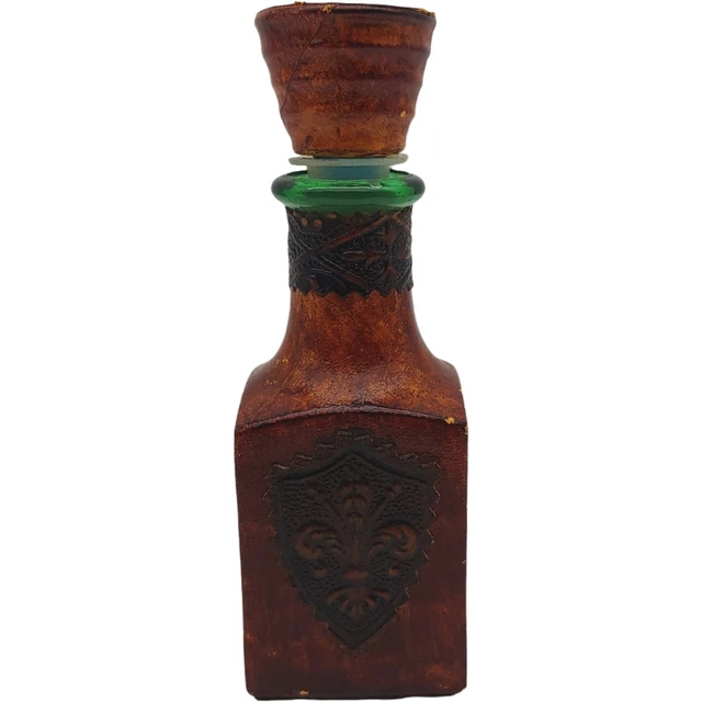Leather Wrapped Glass Liquor Bottle w Stopper, 5.5" Small vtg Brown Fleur de Lis