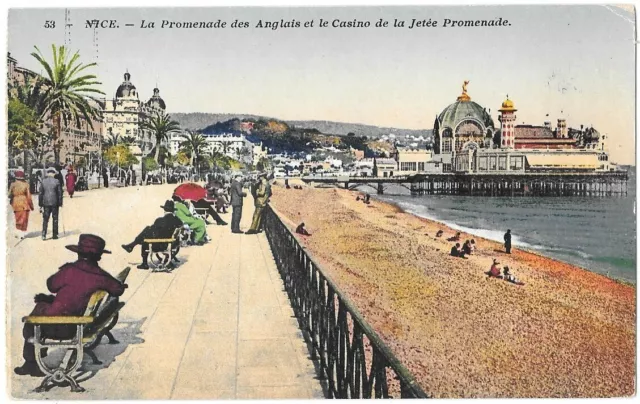 NICE 06 Promenade des Anglais Casino de la Jetée CPA colorisée écrite en 1928