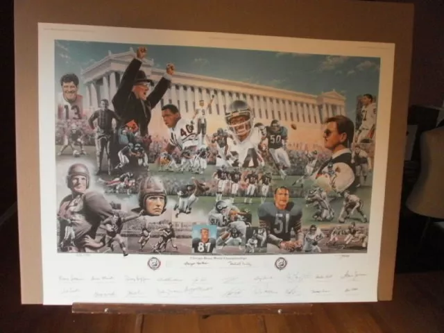 Chicago Bears 75th print signed by 20 players, Payton, Sayers, Ditka, Butkus etc