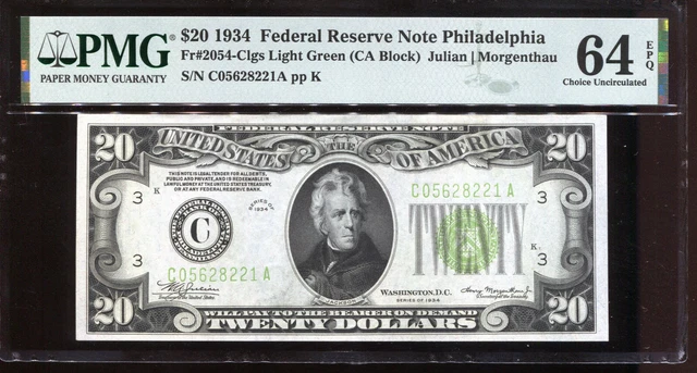 1934 $20 Federal Reserve Note Philadelphia LGS Light Green PMG 64EPQ C05628221A