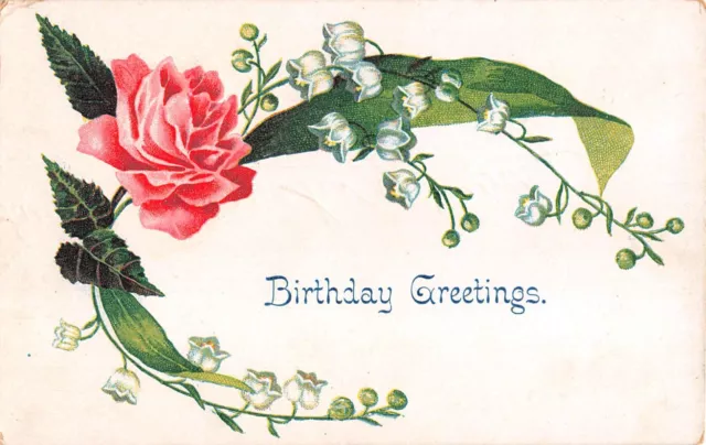 Lovely Lily of the Valley With a Pink Roses on Old Birthday Postcard - T.P. & Co