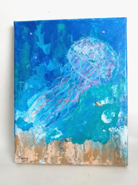 Jellyfish Abstract Paint Pouring Mixed Media Acrylic Painting On Canvas, Signed