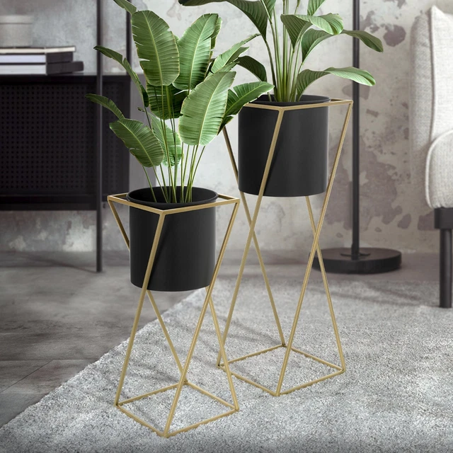Supports De Plantes En Métal - Lot De 2 Cache-pots Noirs - Tailles Différentes (41cm Et 60cm) - Design Moderne