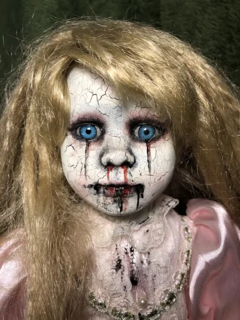 OOAK Creepy Horror Doll Pretty Little Nightmare Black And Red Bloody Mouth Eyes