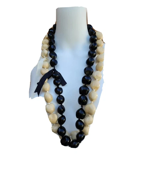 Set of 2 Hawaiian Black & White Kukui Nut Lei Graduation Celebration Necklaces