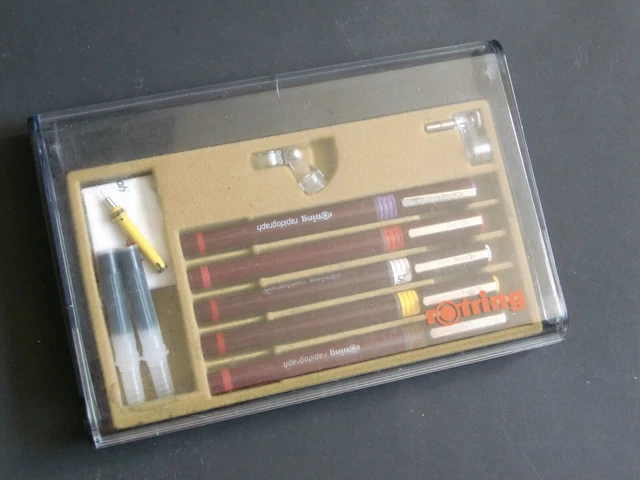 5 Rapidographen "rotring", college set, 2 Zirkelansätzen und Ersatzkegel (Set A)
