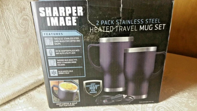 SHARPER IMAGE 14 oz Stainless Steel Heated Travel Mug with adapters.
