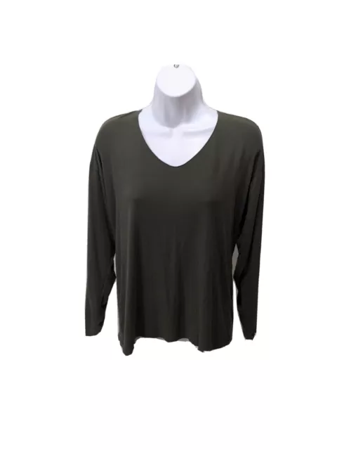 Theory Long Sleeve V Neck Top Womens M Army Green Viscose Blend Tee Soft