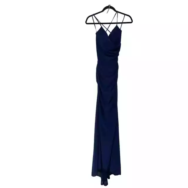 La Femme Womens size 6 dress navy blue 28541 plunging crisscross back ruched