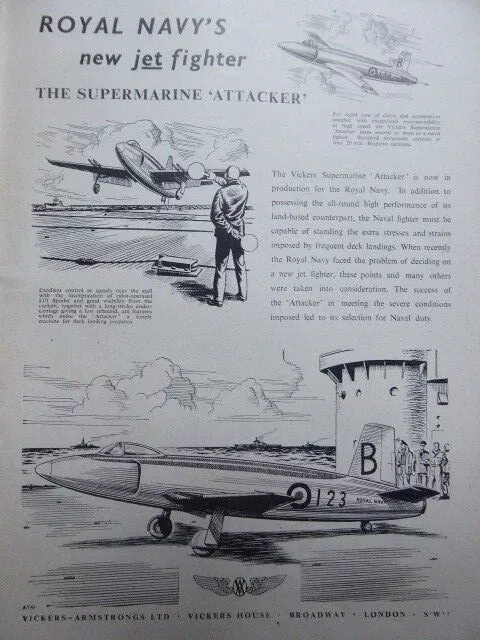 2/1949 Pub Vickers Armstrongs Supermarine Attacker Royal Navy Hms Original Ad
