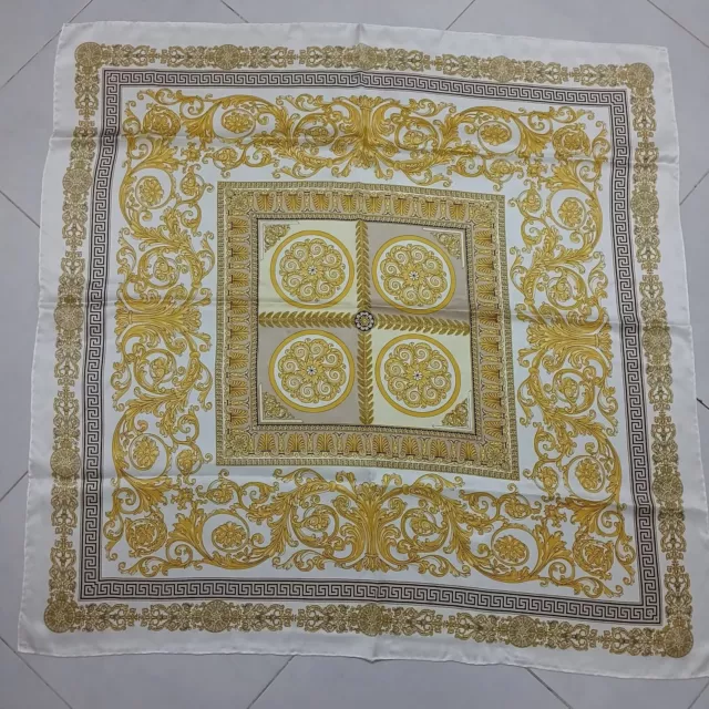 Mascaron Ornament Motif Gold White Square Silk VTG Scarf Luxurious Neckerchief