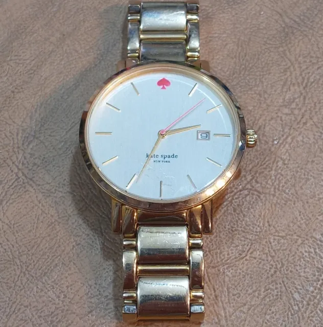 Kate Spade 38mm Gramercy Grand Gold Tone Womens Watch, Pink Spade, New Battery