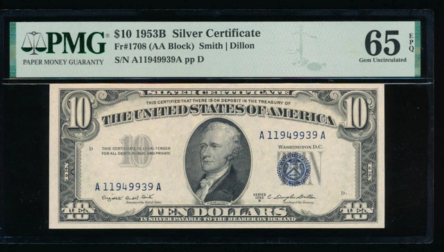 AC Fr 1708 1953B $10 Silver Certificate PMG 65 EPQ