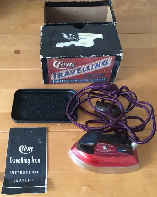 Vintage Retro Red Clem Travel Travelling Iron With Box - Untested