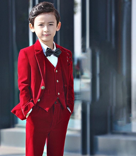 Red Velvet Boys Suits Page Boy Formal Wedding Tuxedos Party Prom Waistcoat Suit