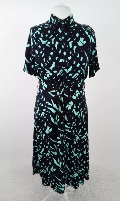 Women's M&S Dress Blue Green Collared Button Down Tie Waist Maxi Dress NWOT F2