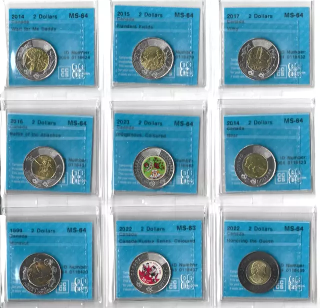 Canada - A Collection of 9 Very Choice BU 3rd Party Graded Toonies - No Reserve!