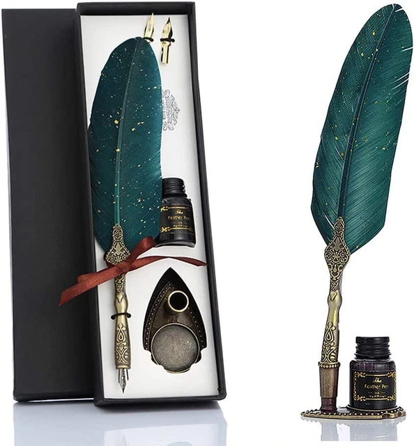 VANGOAL Feather Pen and Ink Set, Glittering Quill 5 Count (Pack of 1), Green