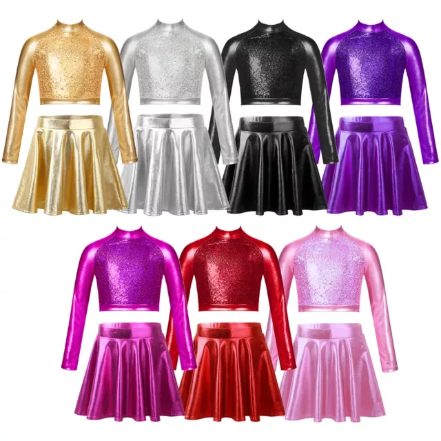 UK Girls Shiny Metallic Long Sleeve Crop Top with Skater Skirt Set Dance Outfits