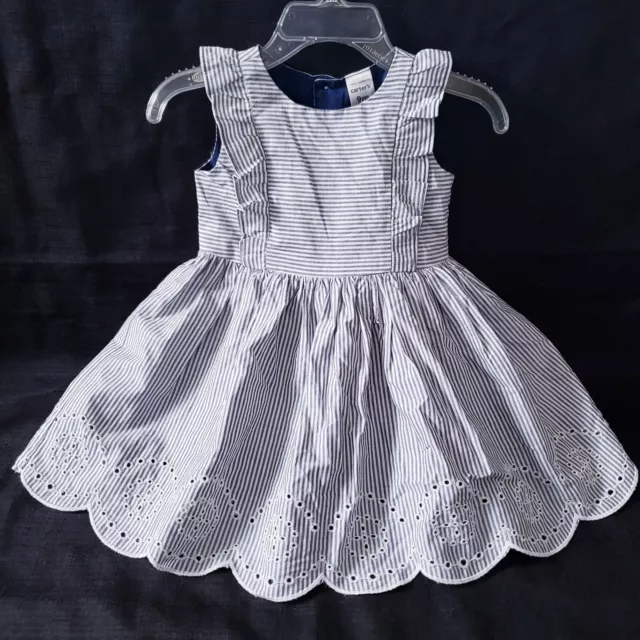 Carters 9 Months Baby Girl Dress With Diaper Cover Navy Blue White Stripe Eyelet