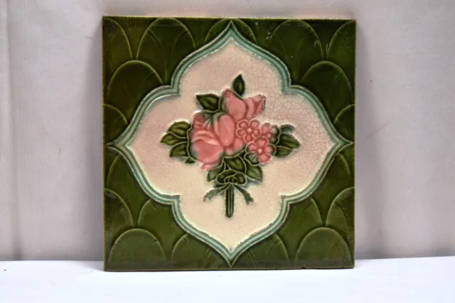 Ancien Carreau Art Nouveau Majolique Céramique Porcelaine Rose Fleur Vert " 1